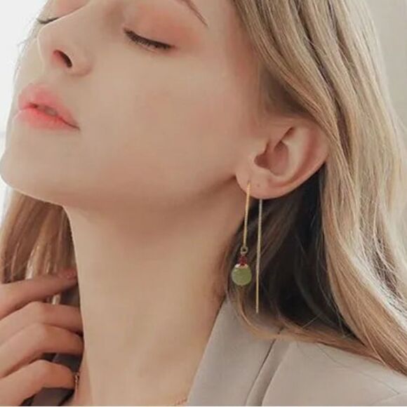 green crystal threader drop earrings H73 - Picture 2 of 5